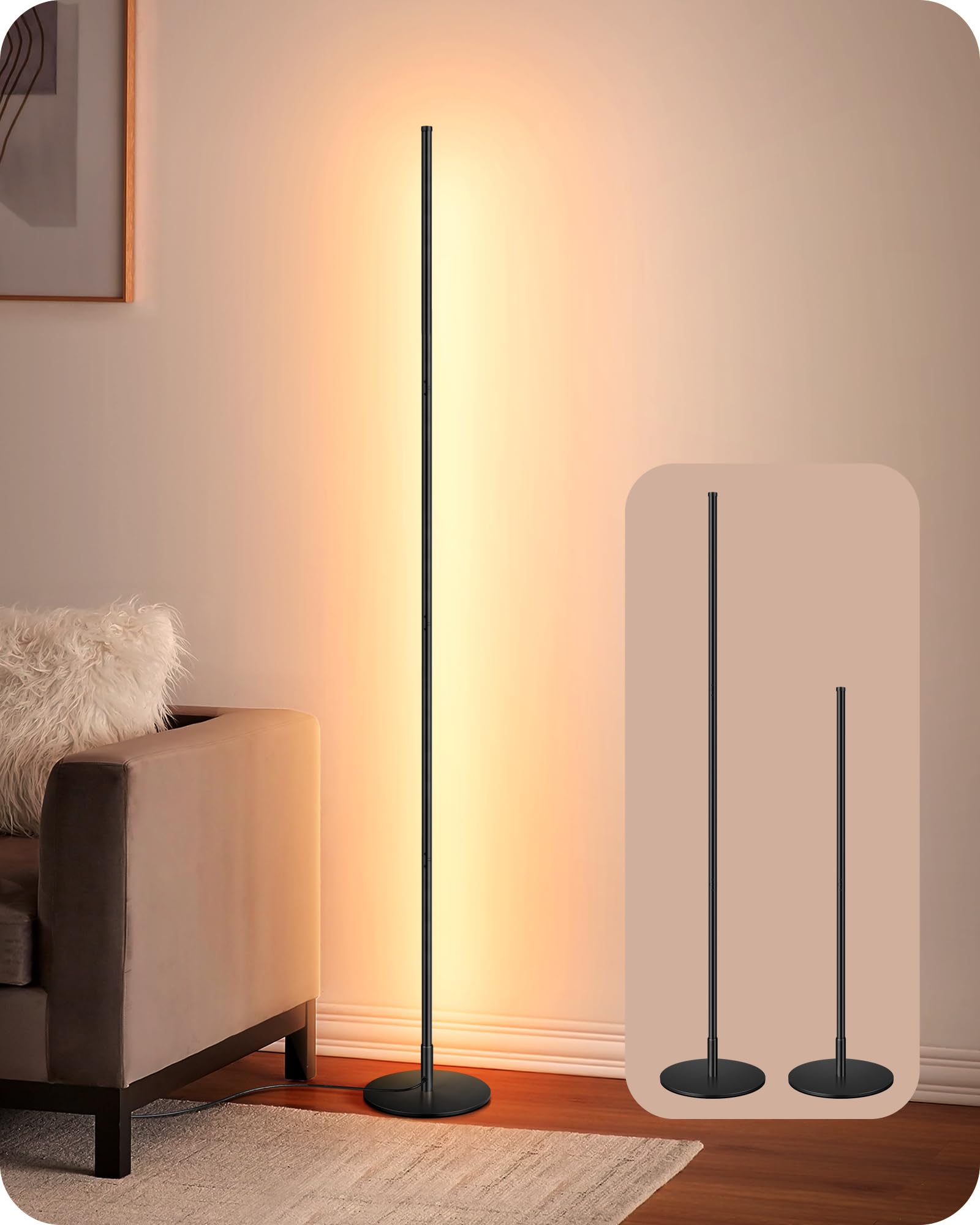 57.5-inch dimmable LED corner floor lamp with adjustable height, black