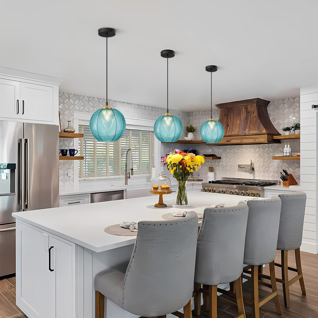 Blue Glass Globe Pendant Light, Black Round Fixture for Kitchen Decor