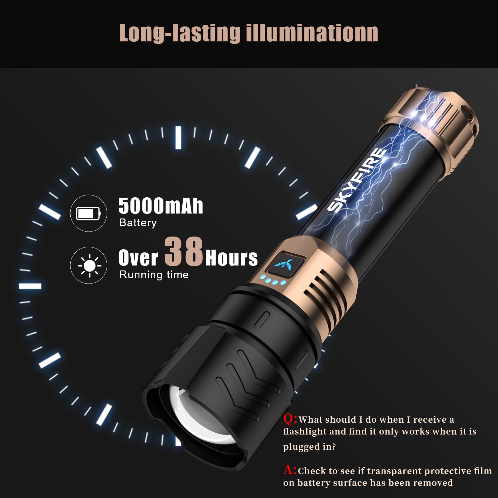 SKYFIRE LED Flashlight 3000LM Rechargeable – Zoomable, Waterproof, 4 Modes with Ignition Lens for Camping & Tactical