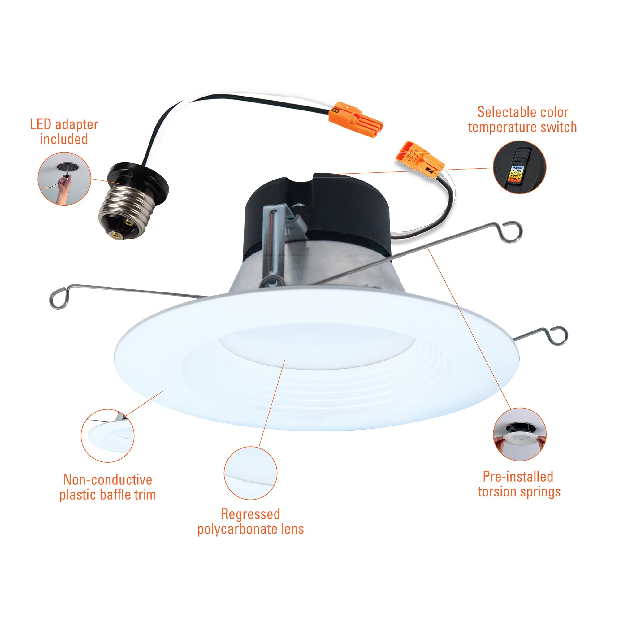 6-Pack LED Recessed Light Trim 5/6 Inch – Dimmable, 750LM, 5 Color Temperatures, HALO Baffle for Ceiling Can Lights