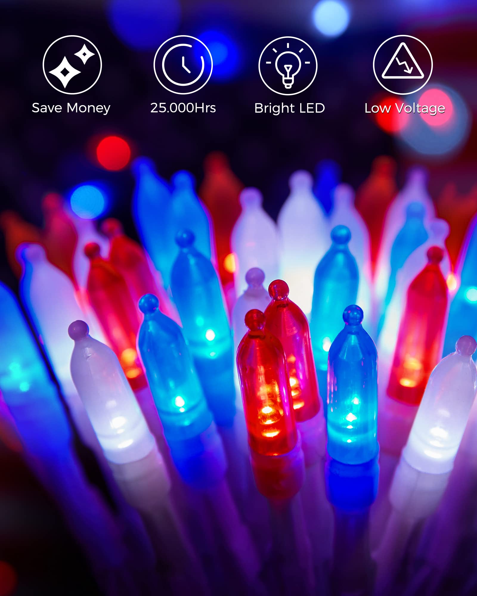 Red, white & blue battery-powered mini string lights, 2-pack, 8 modes