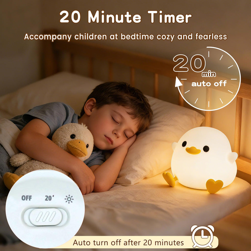 Squishy silicone duck night light, dimmable rechargeable touch lamp with timer