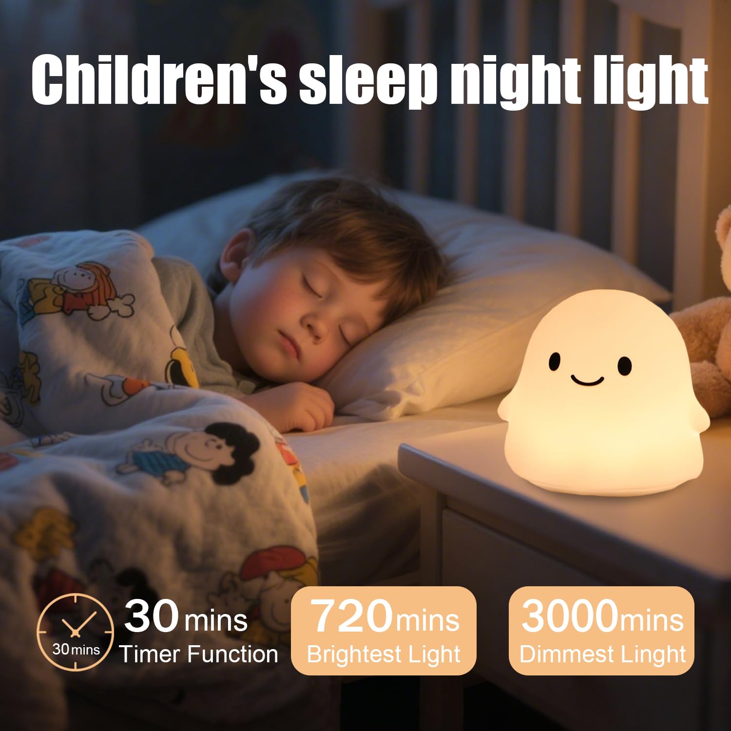 Squishy ghost night light for kids with timer, rechargeable