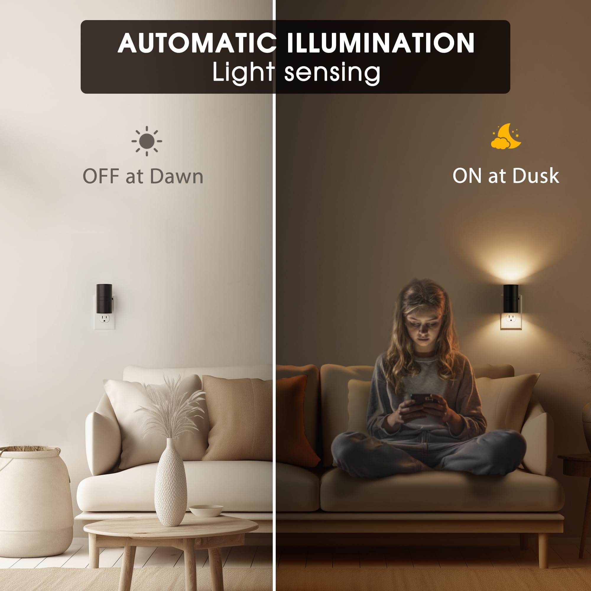 Dimmable plug-in night light, dusk-to-dawn sensor, 3000K, 2-pack