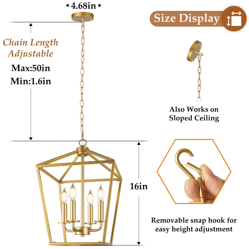 Gold 4-Light Farmhouse Cage Lantern Chandelier for Kitchen Decor