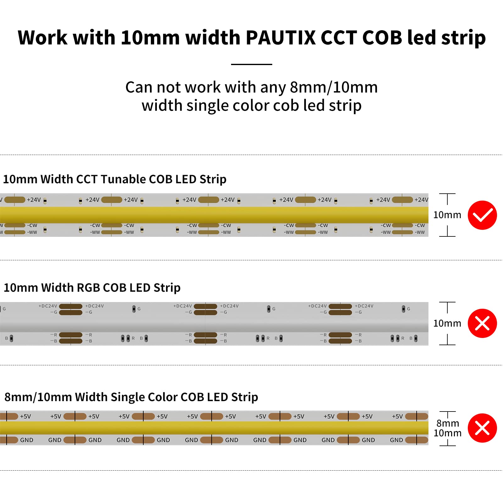 PAUTIX 10-Piece 10mm COB LED Strip Connectors – 3 Pin Solderless, Dual End Extensions, DC Plug Wires for CCT Tunable Strip Lights