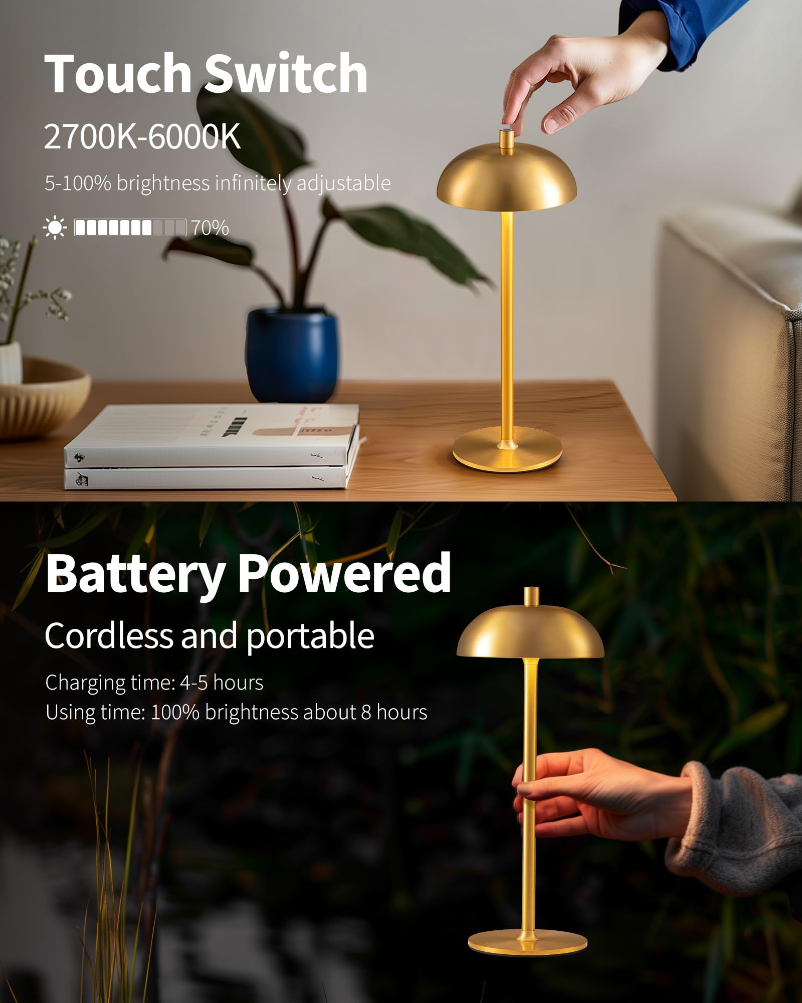 2-Pack 12" Cordless LED Table Lamps – Touch Dimming, 3 Color Modes, Rechargeable Battery Powered for Bedroom & Restaurant (Gold)