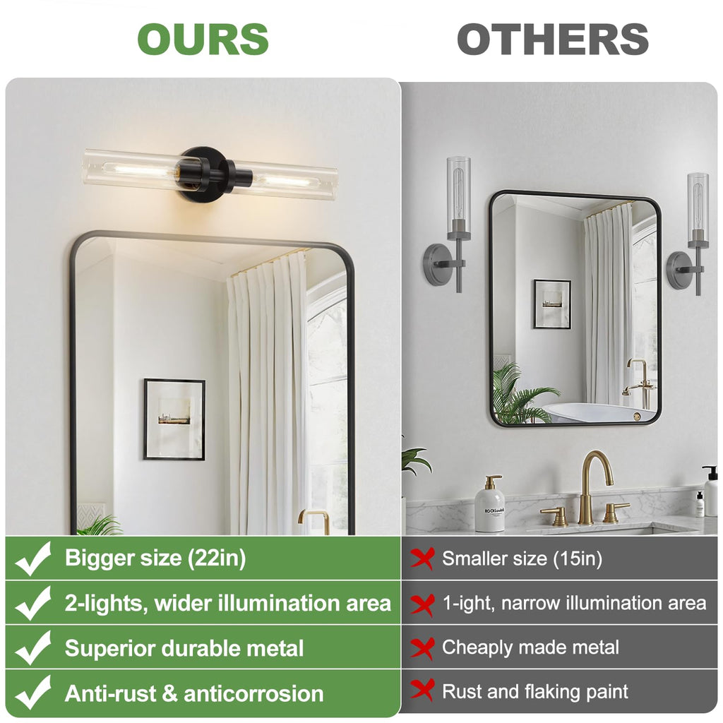 Matte black hardwired wall sconces with clear glass for decor