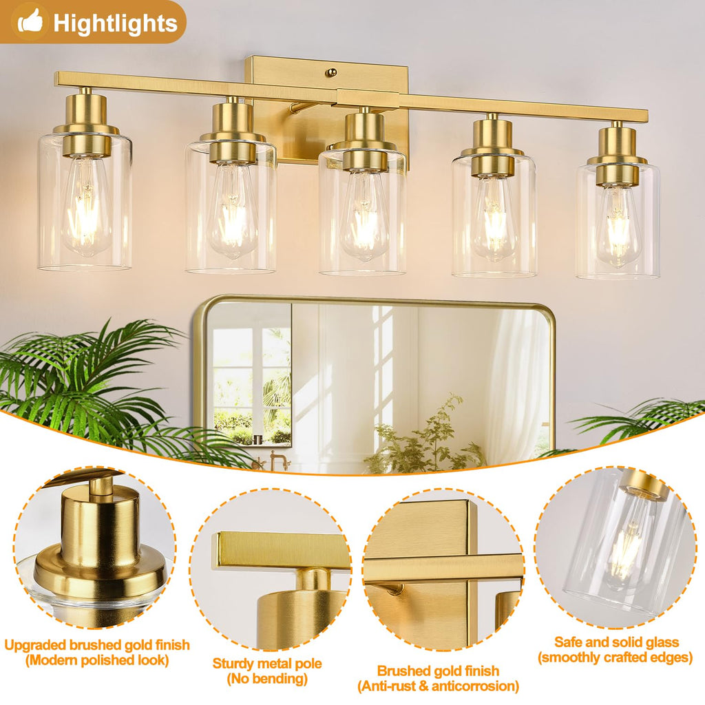 Brushed gold 5-light bathroom vanity fixture for home decor