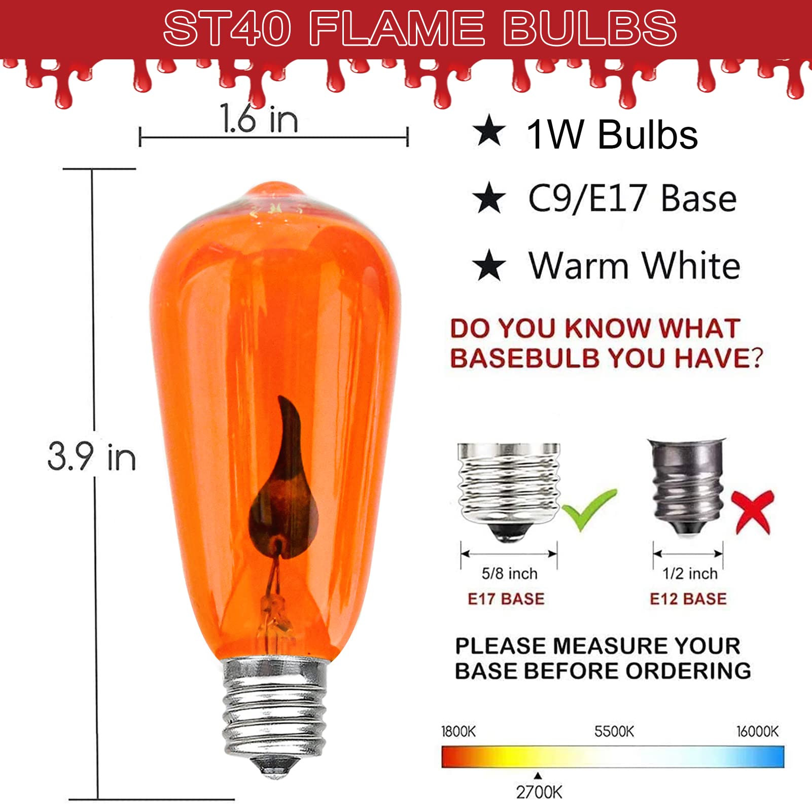 10-Pack Halloween Flicker Flame Bulbs ST40 – 1W Orange Edison E17 Base for Outdoor Patio String Lights