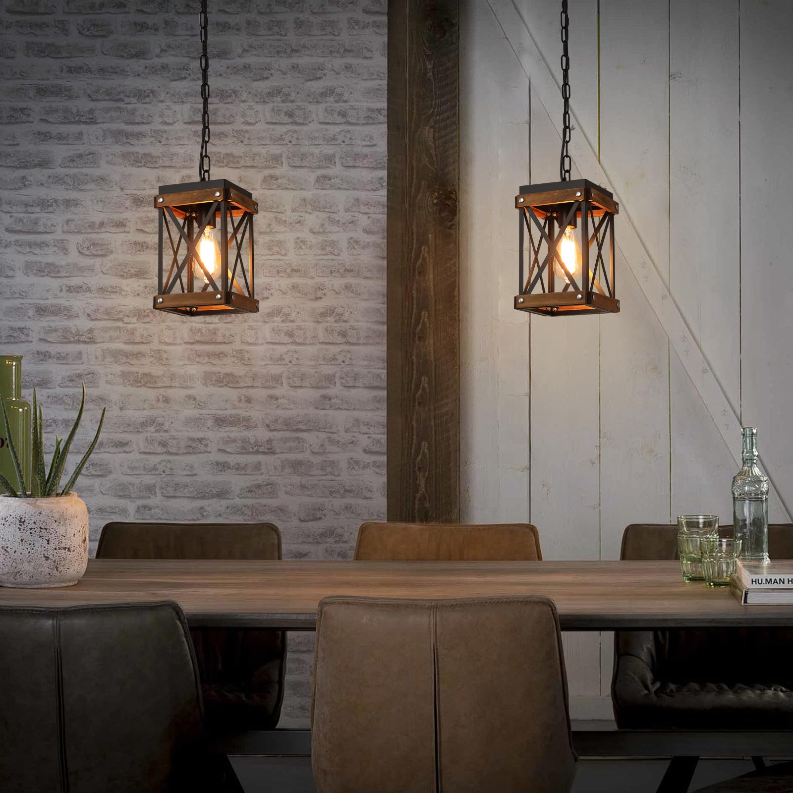 2-Pack Oak Wood Lantern Cage Pendant Lights for Farmhouse Decor