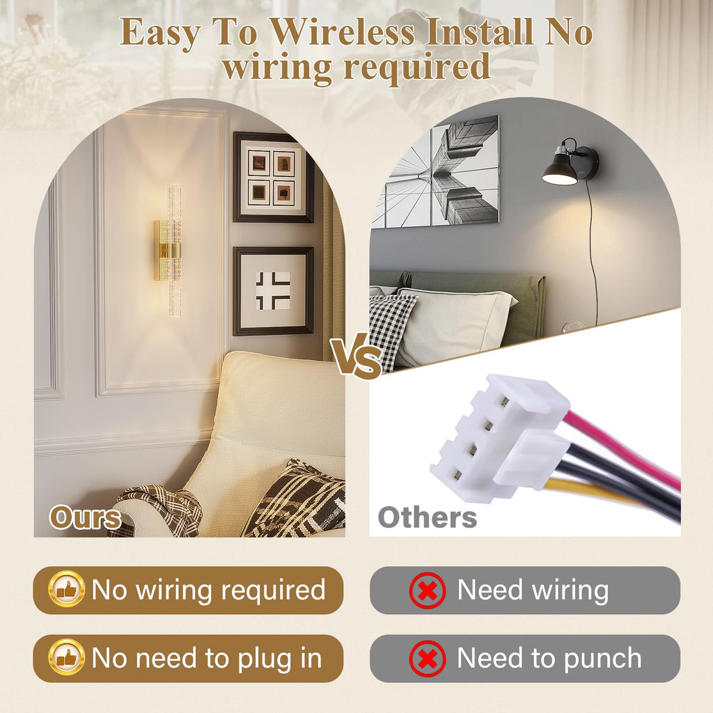 Set of 2 gold rechargeable battery wall sconces, dimmable home decor