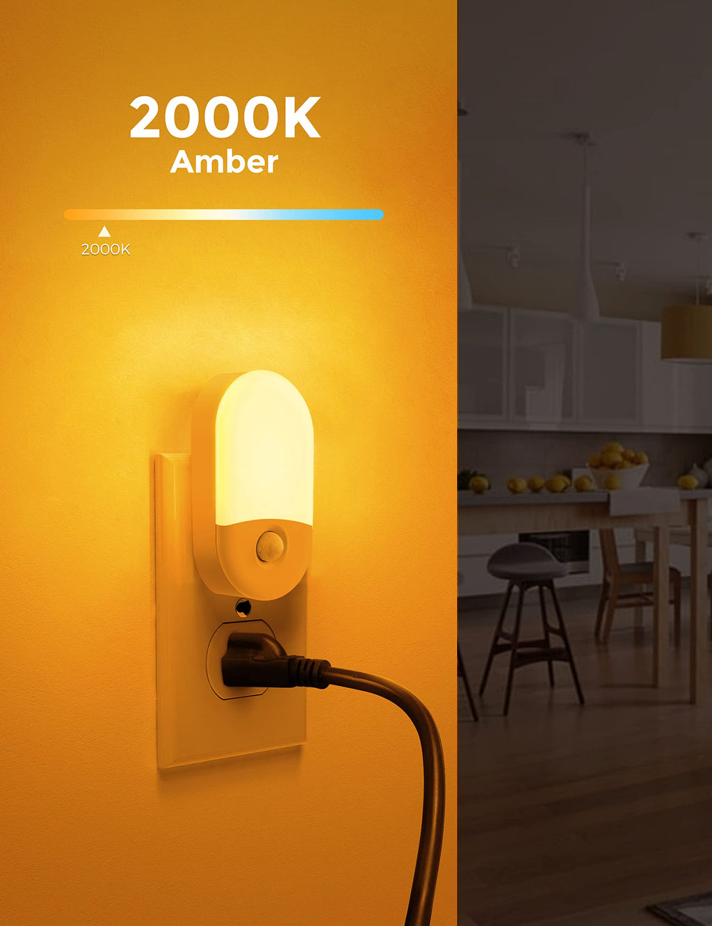 Amber LED plug-in night light with motion sensor, low-blue, 2-pack
