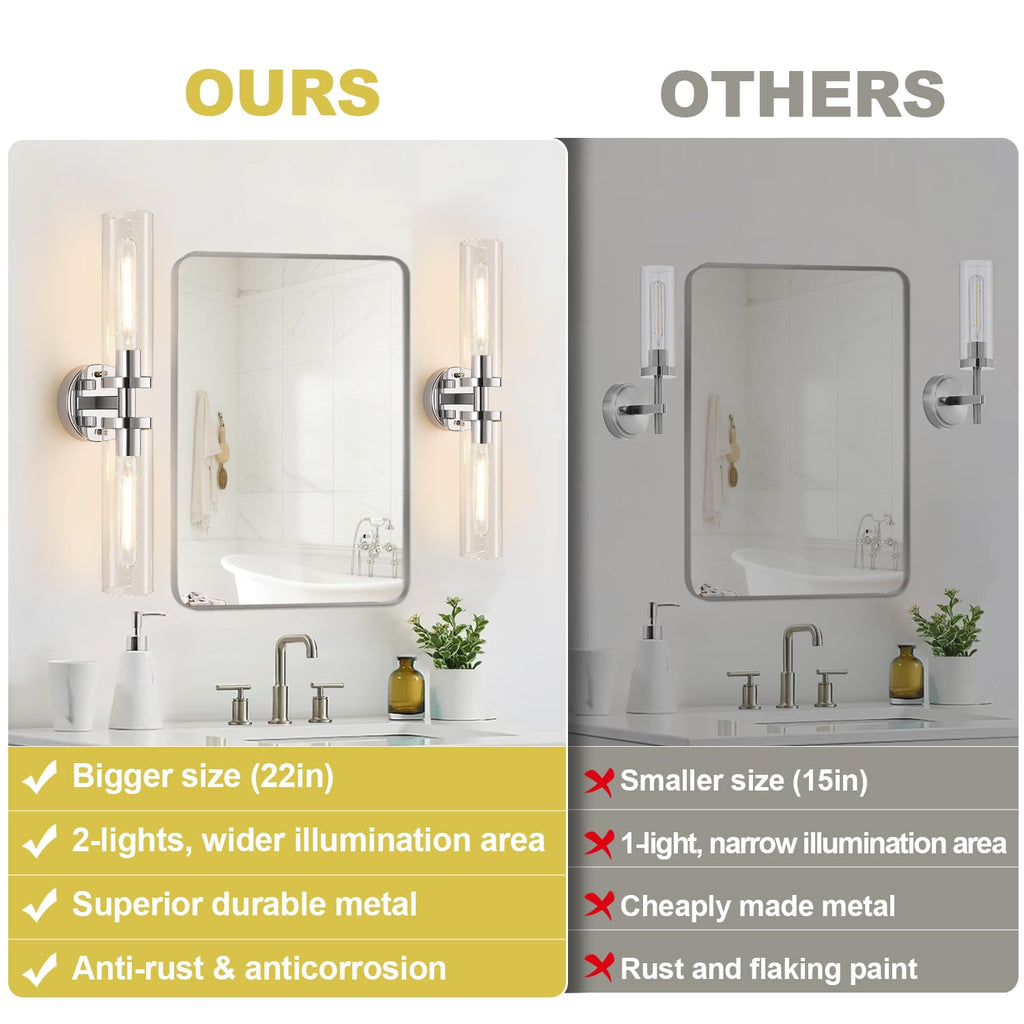Set of 2 hardwired chrome wall sconces with clear glass decor