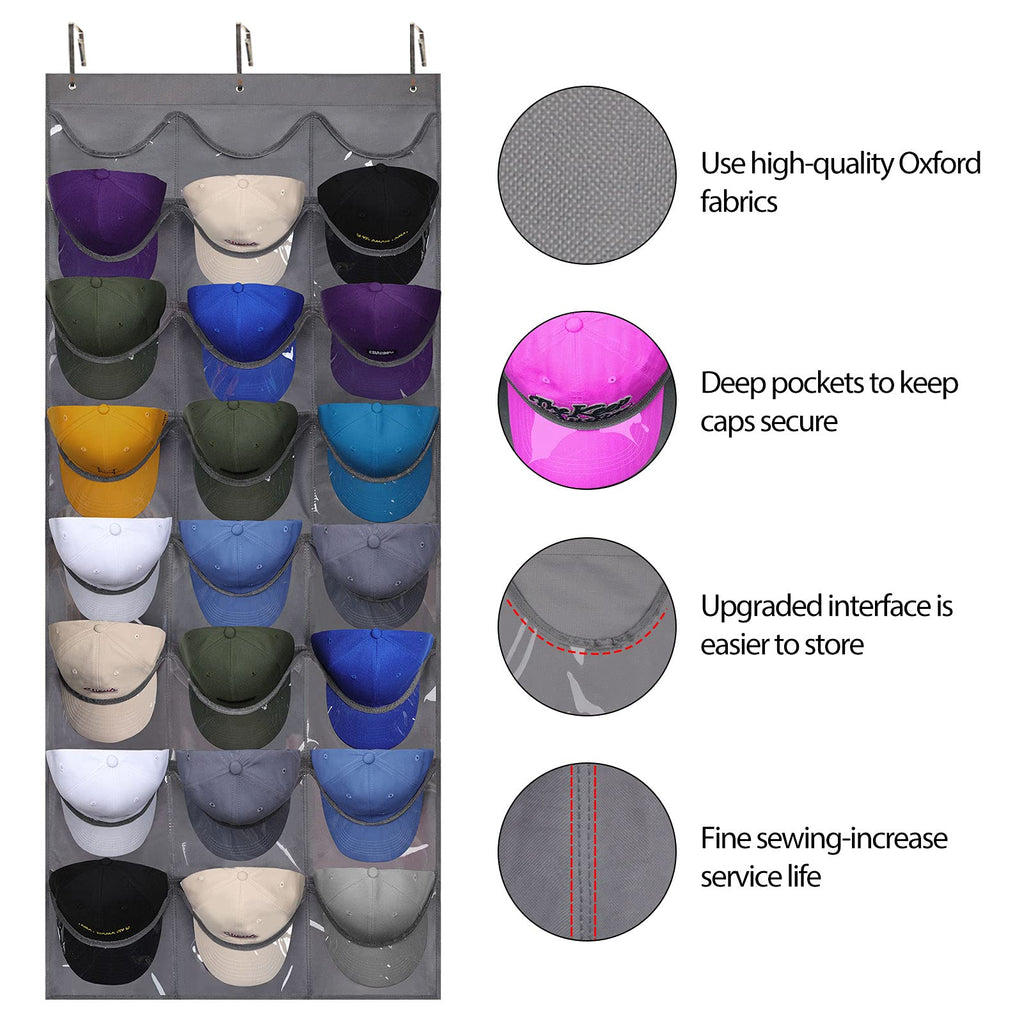 1-Pack Baseball Cap Organizer with 24 Pockets – Wall Door Mount, 3 Hooks, Visible Storage for Hat Collections