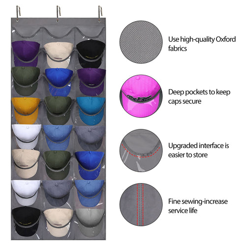 1-Pack Baseball Cap Organizer with 24 Pockets – Wall Door Mount, 3 Hooks, Visible Storage for Hat Collections