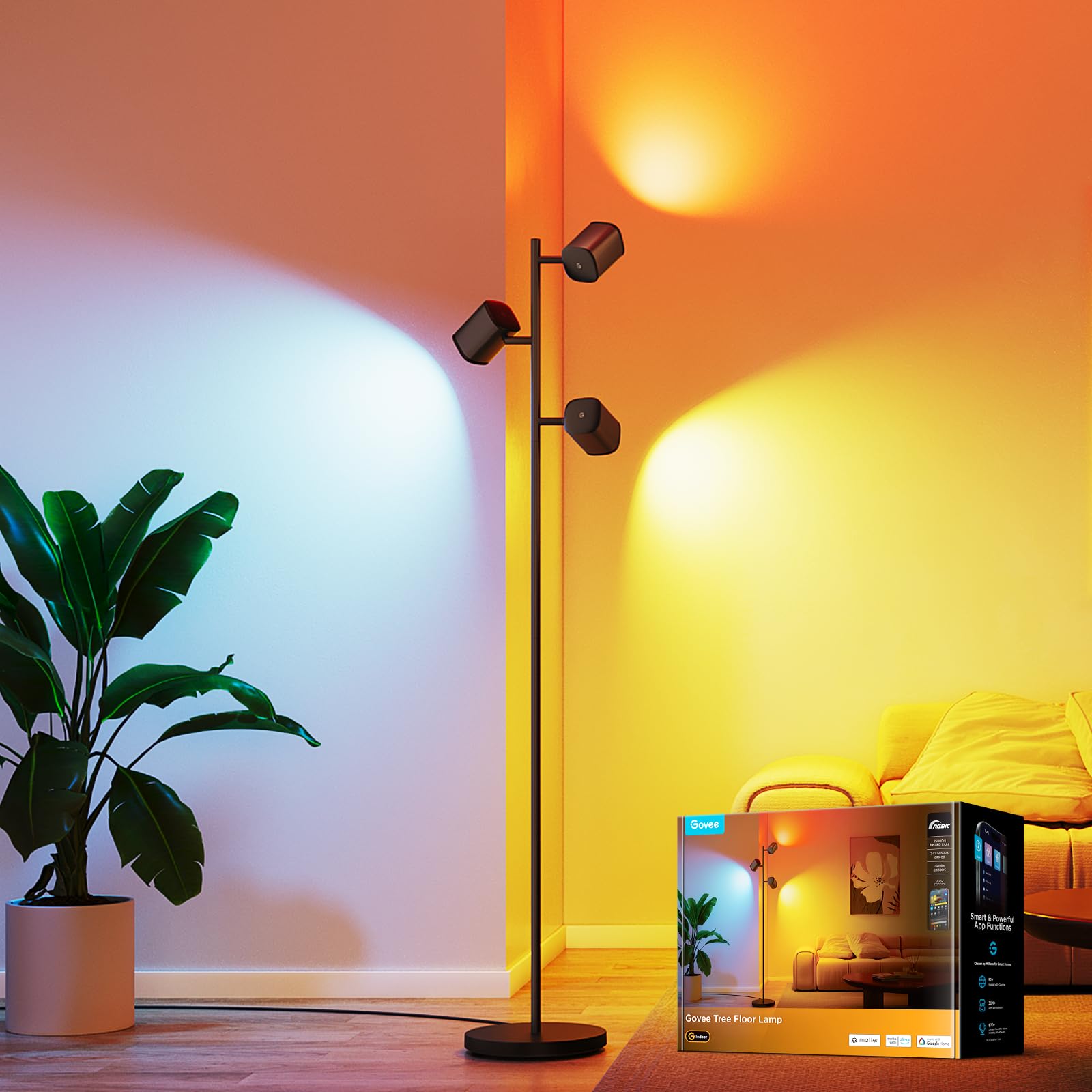 Smart Tree Floor Lamp with 3 Rotatable Lights & 64 Dynamic Scenes, Matter Compatible
