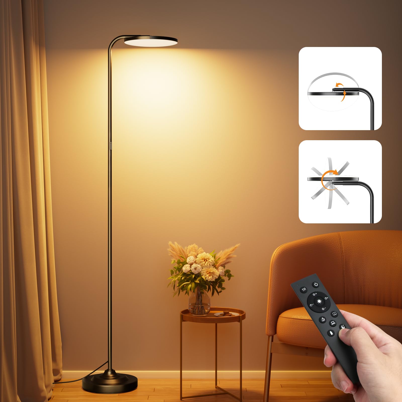 36W LED torchiere floor lamp with remote control and rotating head