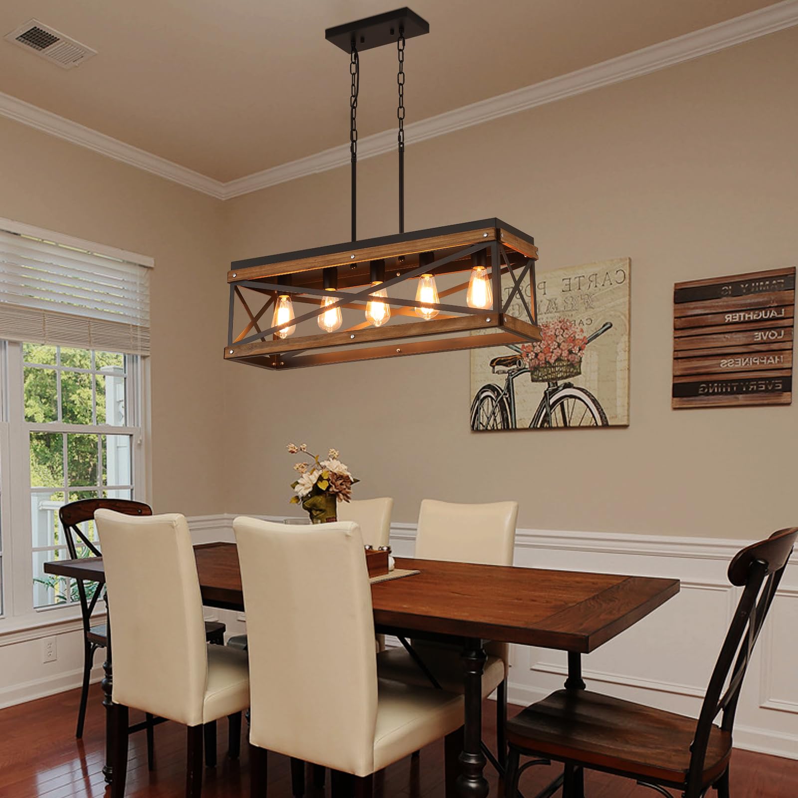 Oak Wood 5-Light Rectangular Farmhouse Pendant for Kitchen Decor
