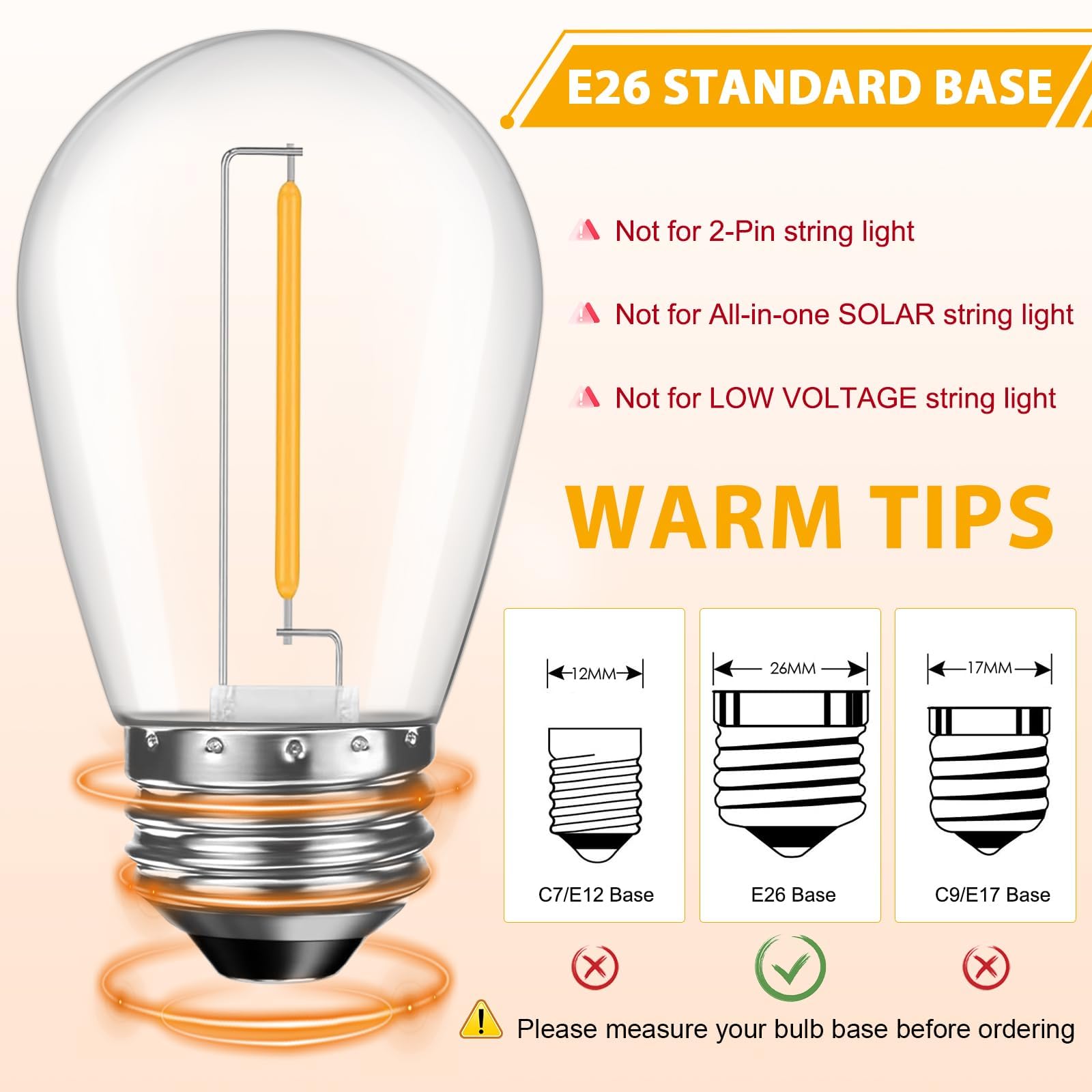 24-Pack LED S14 Replacement Bulbs Waterproof – 1W Vintage Edison, Dimmable, E26 Base, 2200K Warm White for Outdoor Patio String Lights