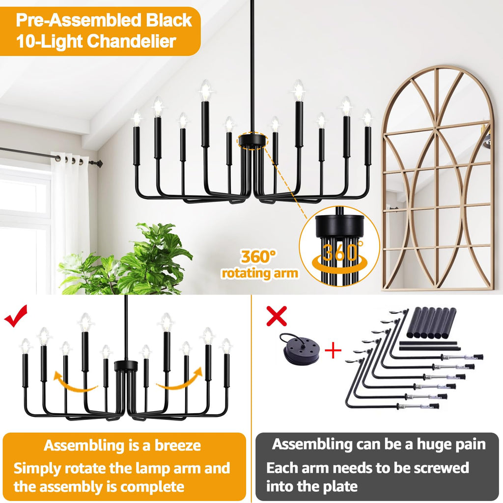 Black 10-light farmhouse chandelier for dining room decor