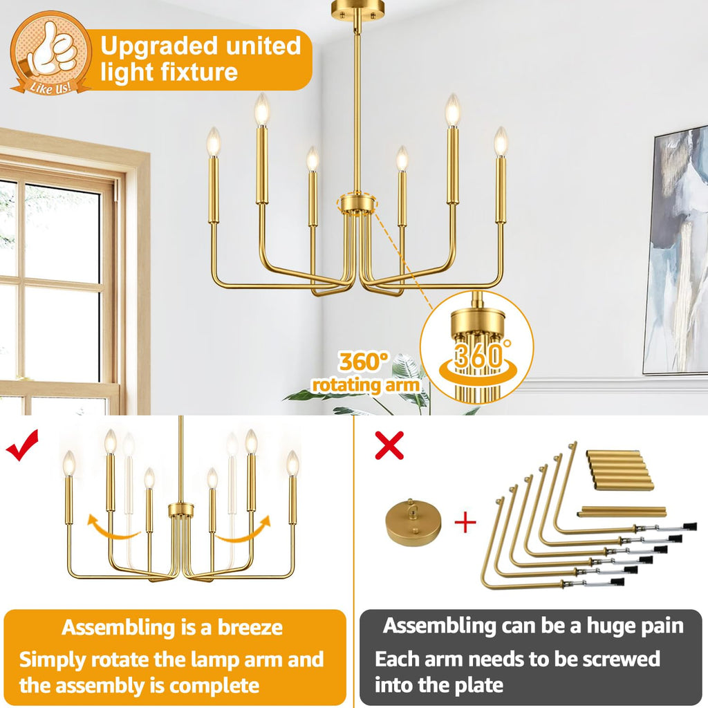 Brass gold 6-light farmhouse chandelier for dining room decor