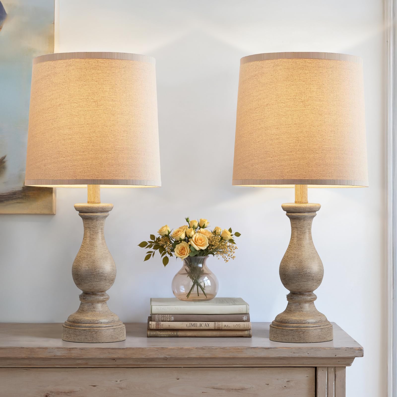 22-inch farmhouse table lamp set with linen shades, rustic style