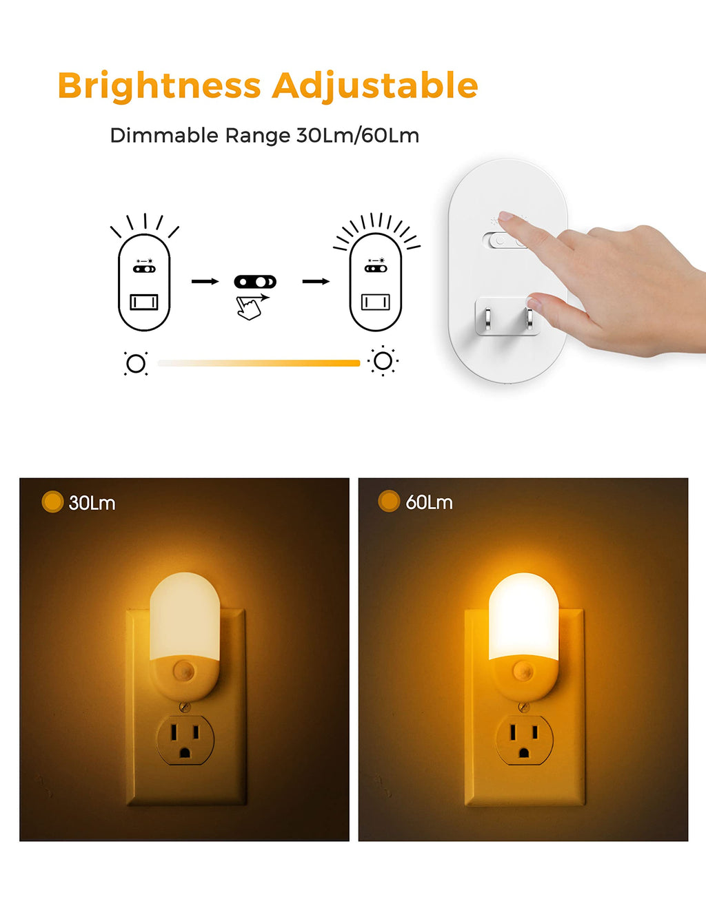 Amber LED plug-in night light with motion sensor, low-blue, 2-pack