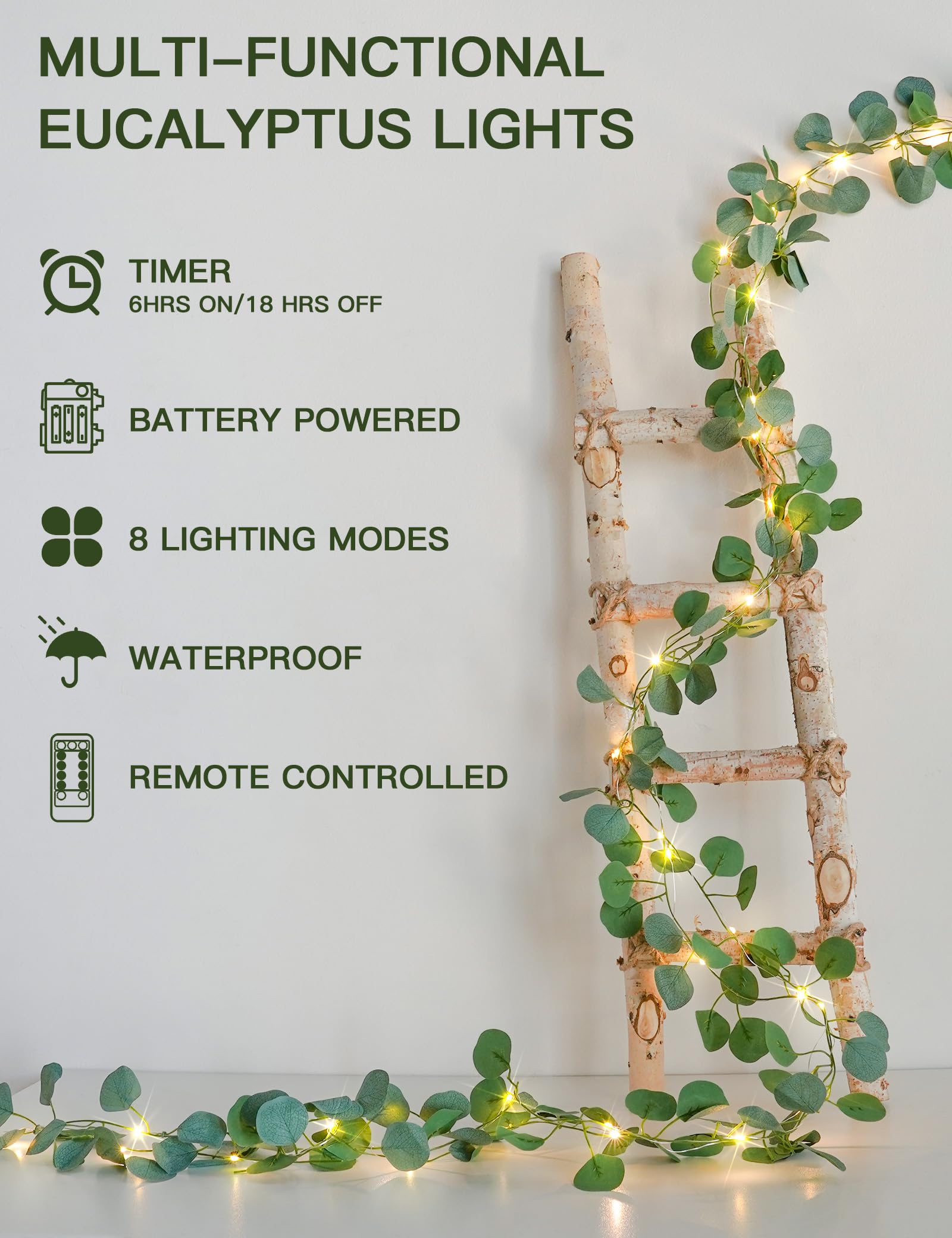 Eucalyptus garland string light, battery-operated, 33 ft, 100 LEDs