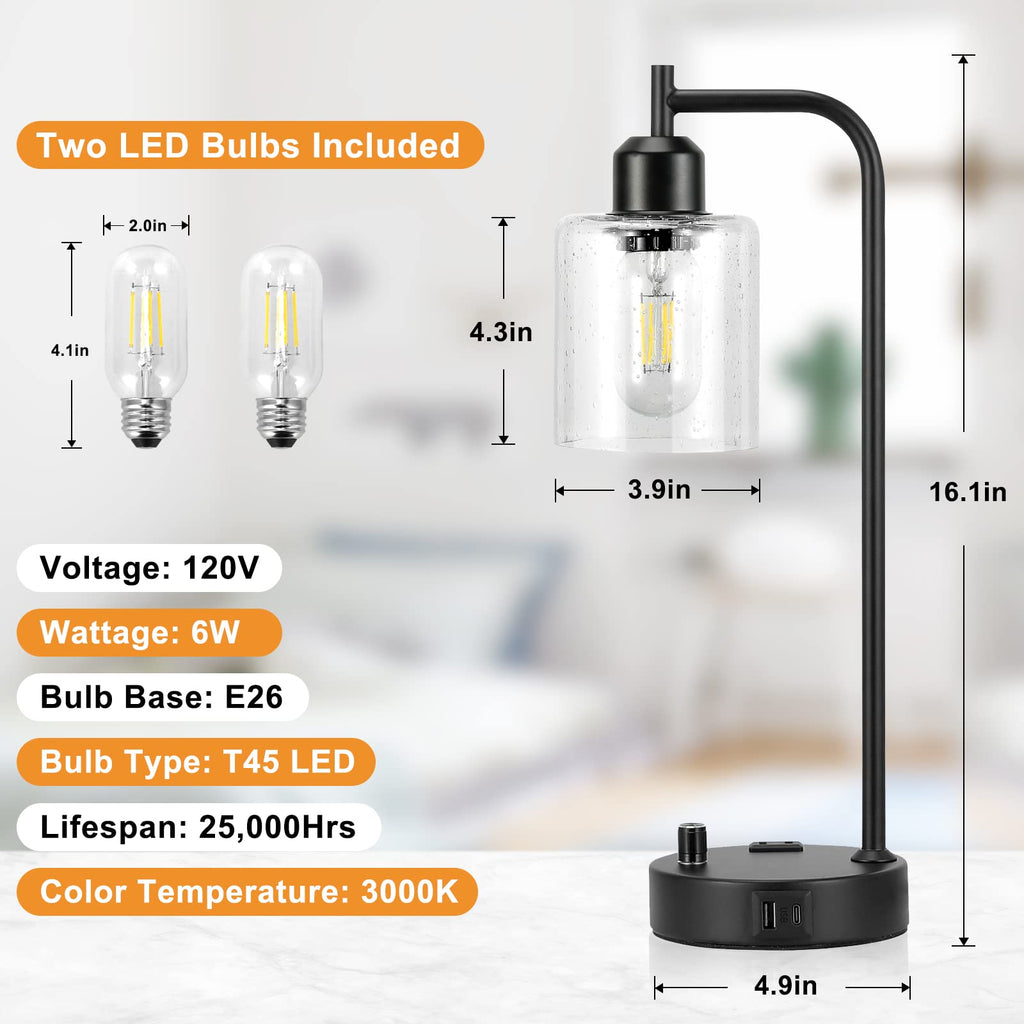 Industrial Nightstand Lamp Set of 2 with USB-A & USB-C Charging Ports