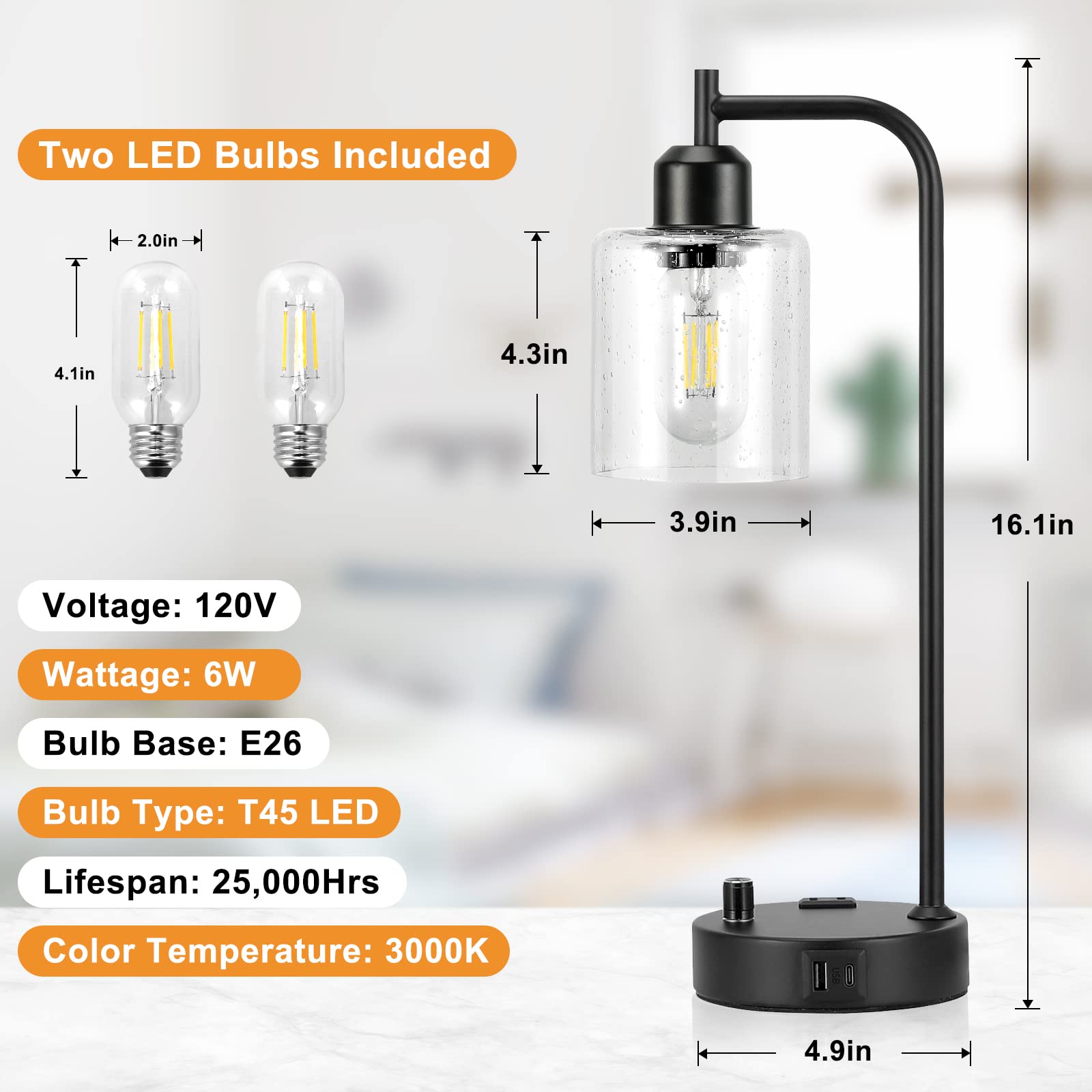 Industrial Nightstand Lamp Set of 2 with USB-A & USB-C Charging Ports