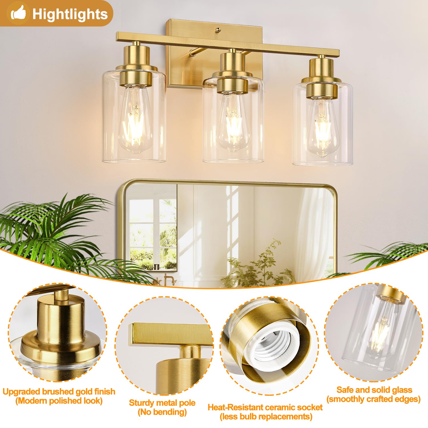 Brushed gold 3-light bathroom vanity fixture for home decor