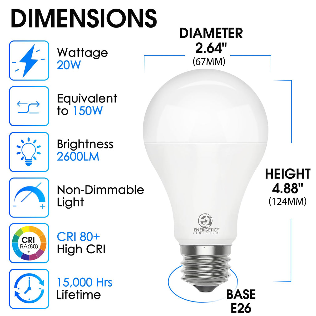 6-Pack 150W LED Light Bulbs – 2600LM Super Bright, A21, 3000K Warm White, E26 Base for Home & Garage