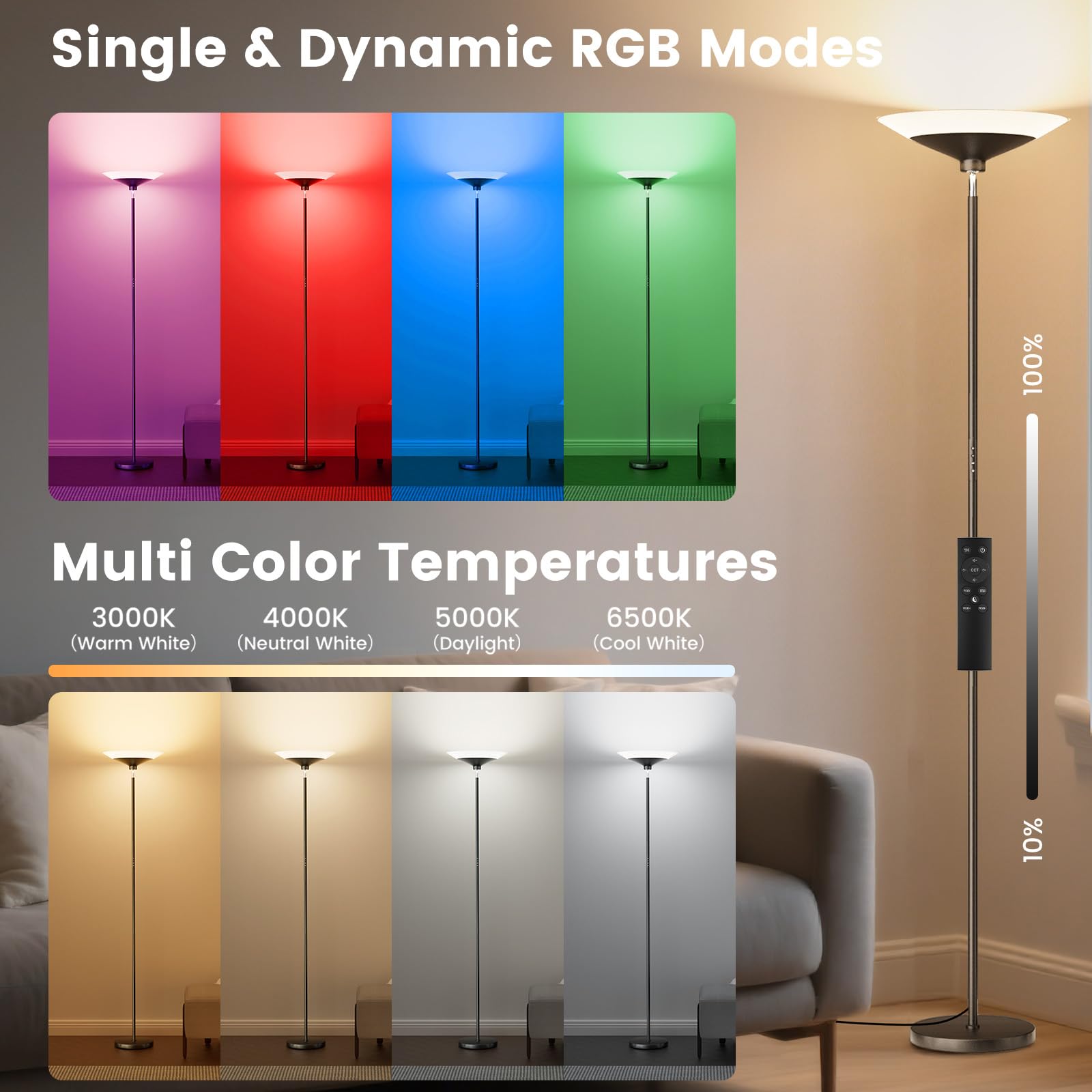 72-inch RGB torchiere floor lamp with remote color control