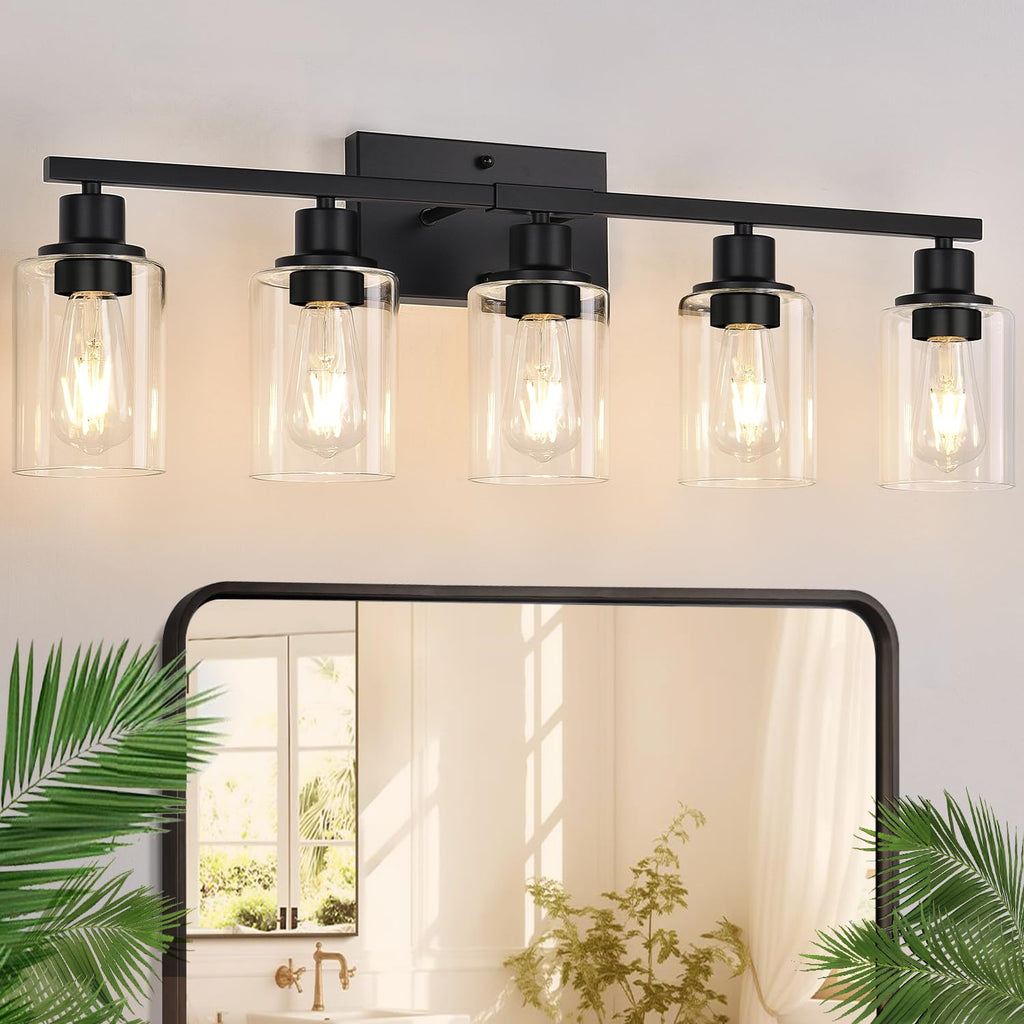 5-light matte black vanity sconce with glass shades for decor