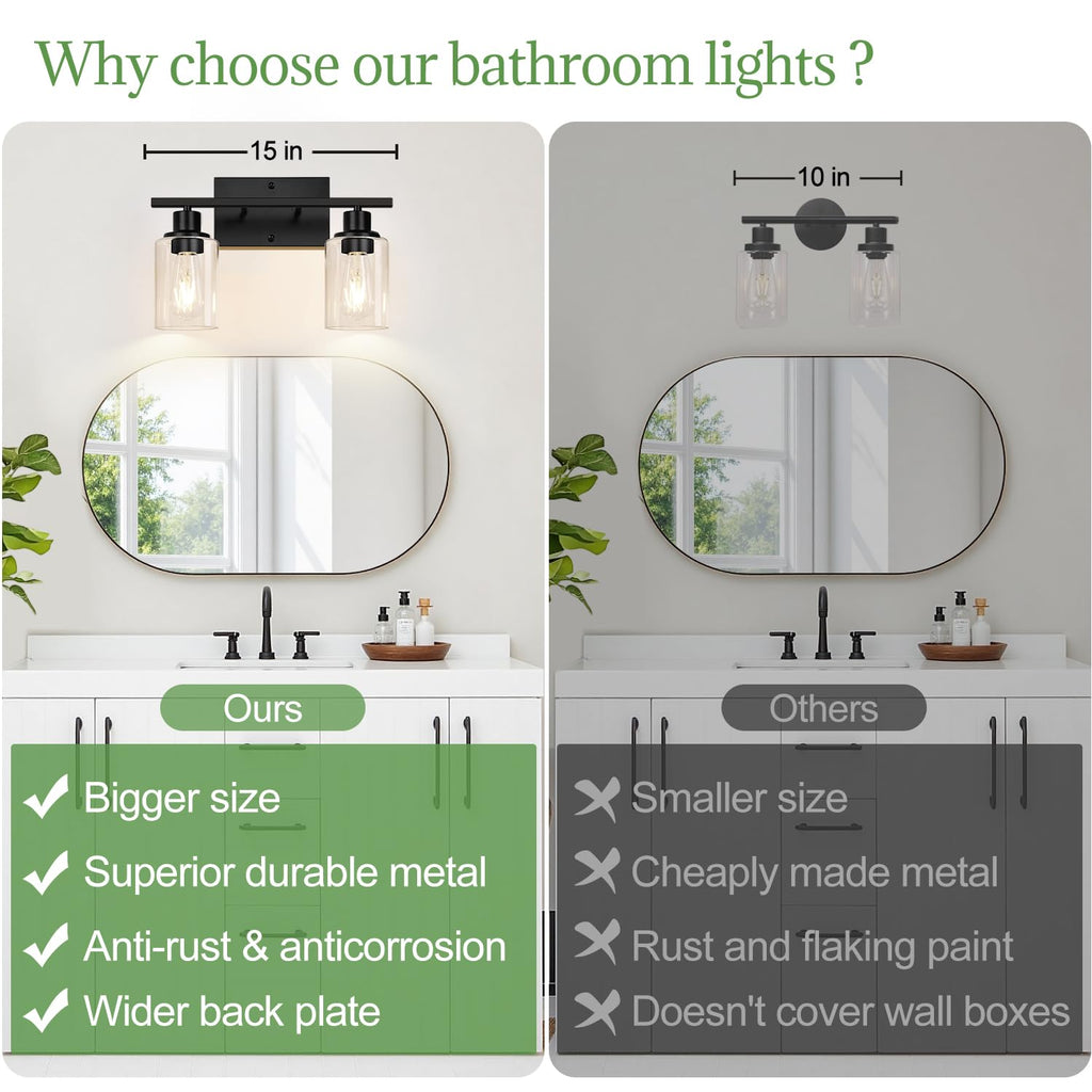Matte black 2-light vanity fixture, modern bathroom decor