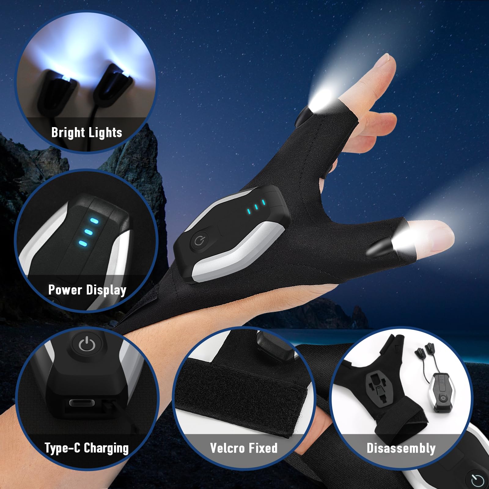 BIIB Rechargeable Flashlight Gloves – Hands-Free LED, Waterproof, Adjustable Fit for Camping Fishing & Outdoor Work
