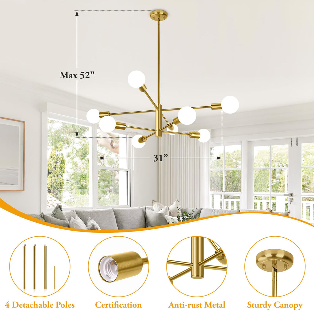 Gold 8-Light Sputnik Chandelier, Mid-Century Fixture for Home Decor