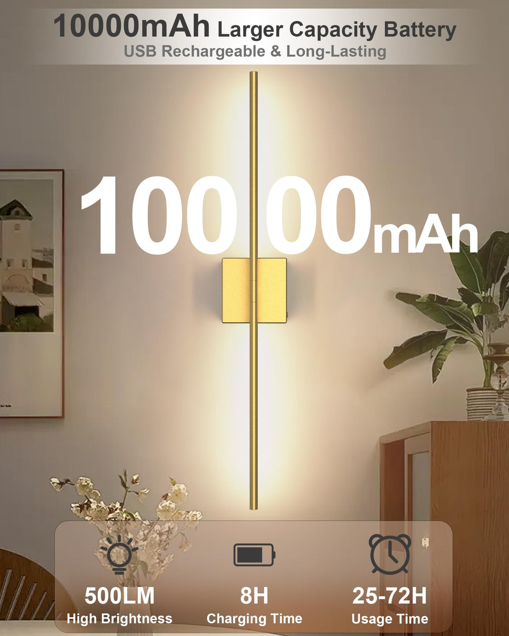 Gold rechargeable wall sconces, set of 2, home decor lighting