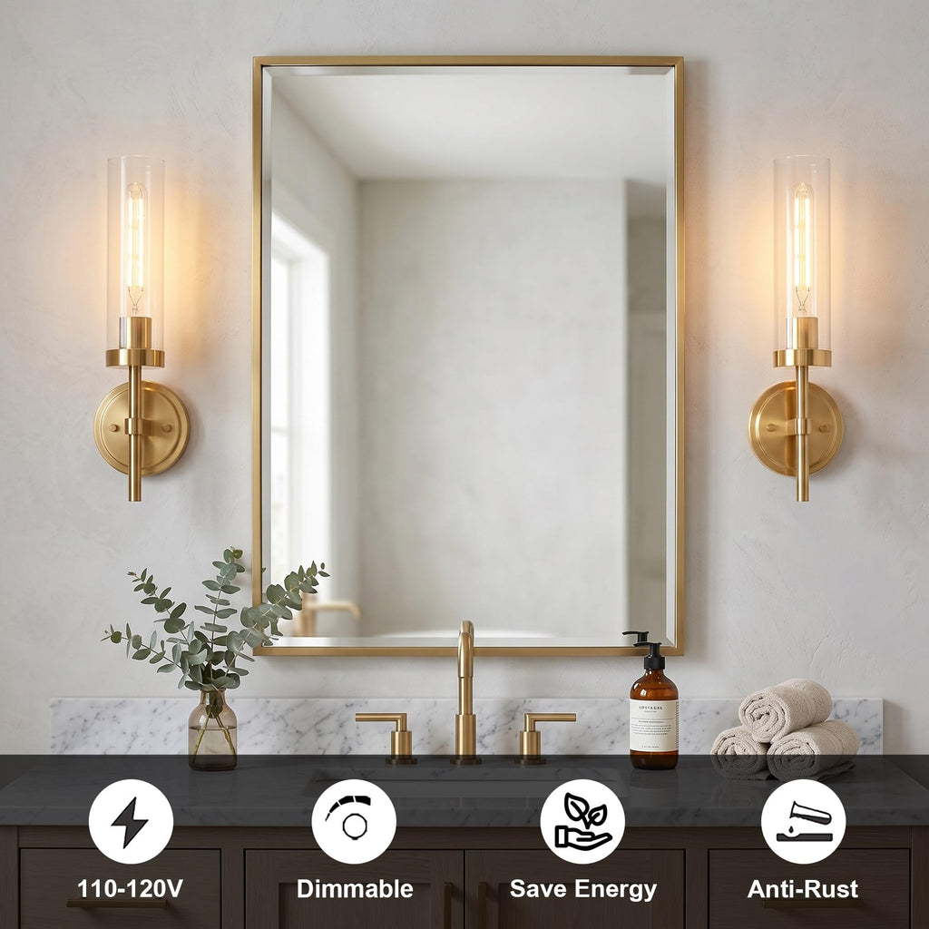 Set of 2 brushed brass hardwired wall sconces for mirror and hallway decor