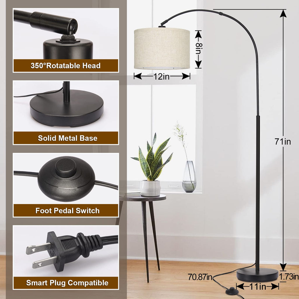 Arc floor lamp with adjustable drum shade for reading nooks
