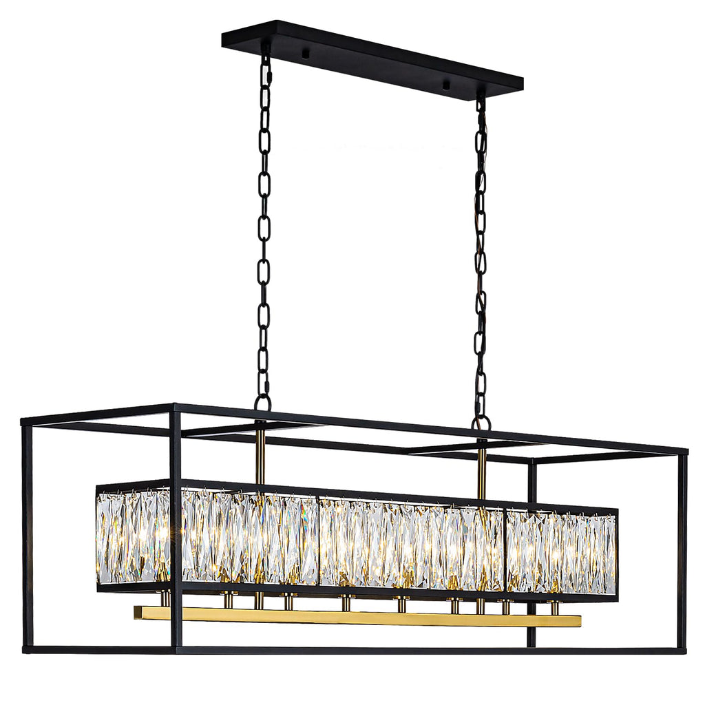 Large 8-Light Crystal Rectangle Chandelier, Black and Gold Decor