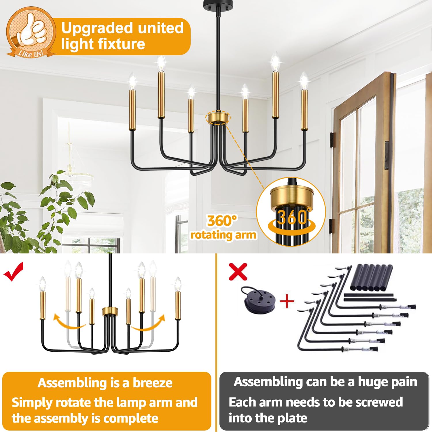 6-light black and gold farmhouse chandelier for dining room decor