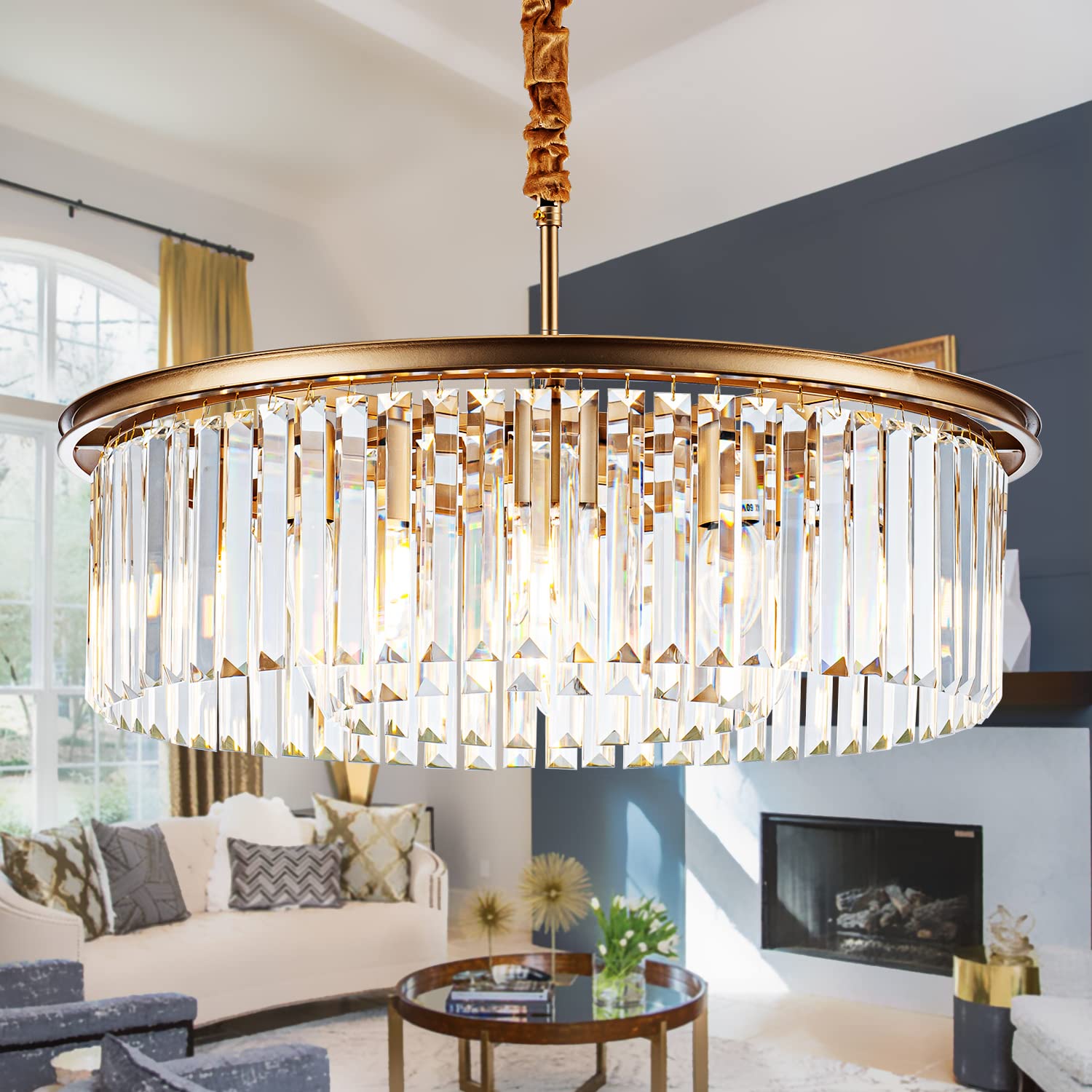 8-Light Crystal Double-Ring Chandelier in Gold for Dining Decor