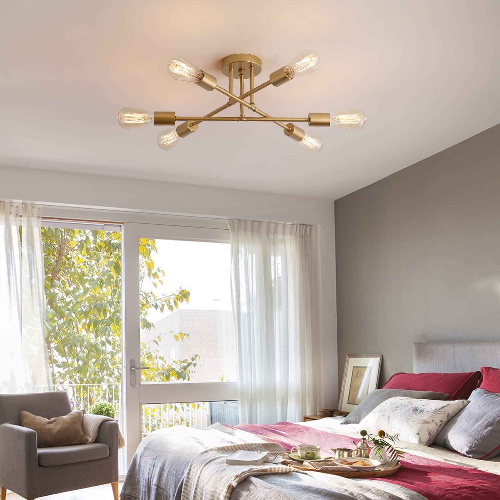 Gold Sputnik 6-Light Semi Flush Mount Ceiling Fixture for Decor