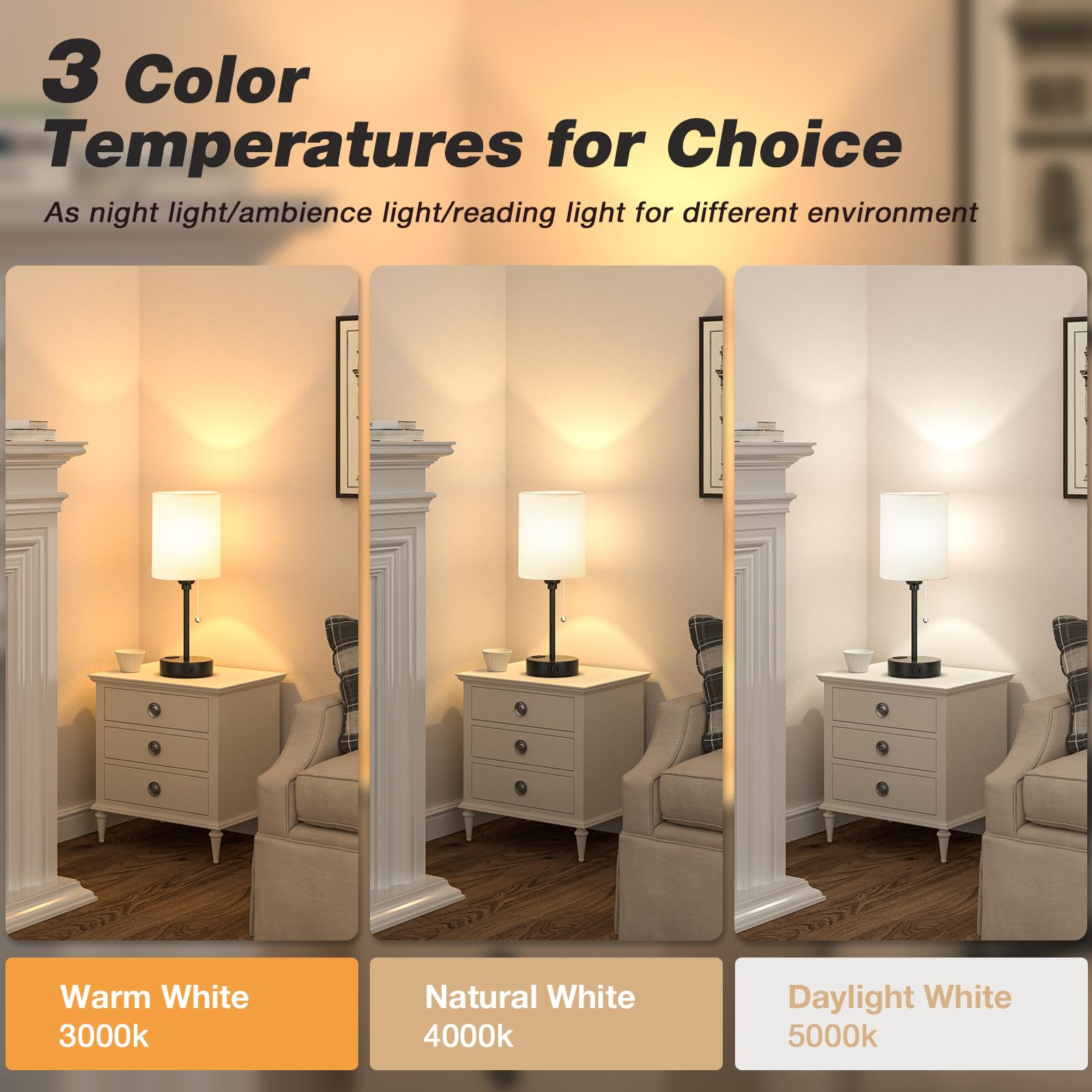 Small bedside table lamp with USB-C/A ports, pull chain and 3 color temperatures