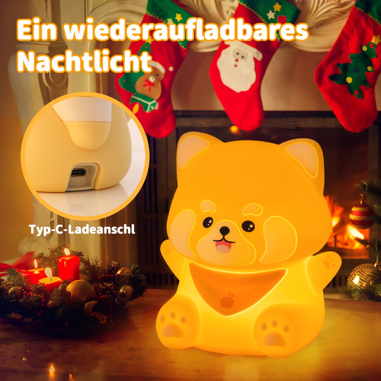Rechargeable red panda night light for kids with tap control
