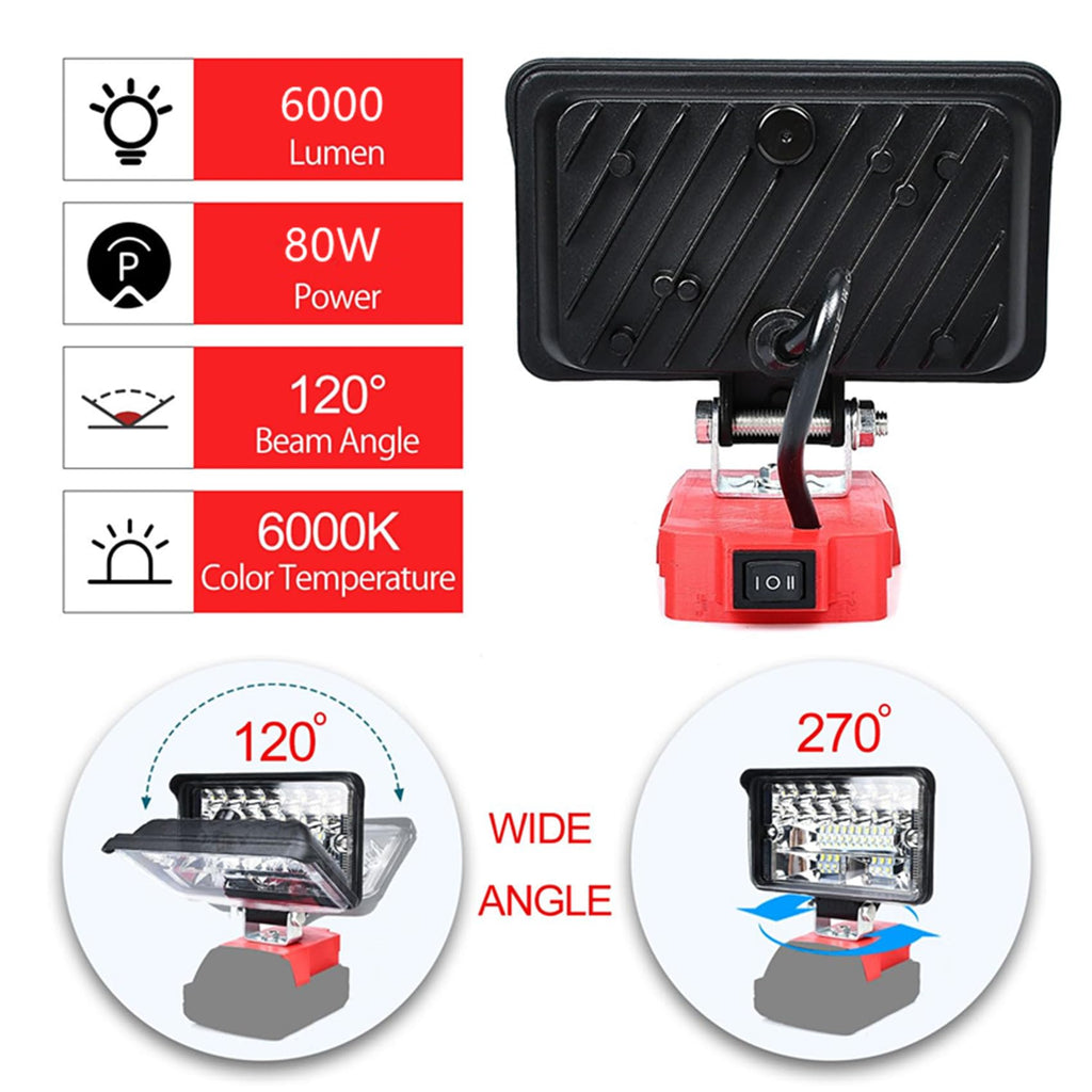 Fiihio 80W Cordless LED Work Light – 6000LM, Milwaukee 18V M18 Compatible, Portable Flashlight for Job Site & Camping