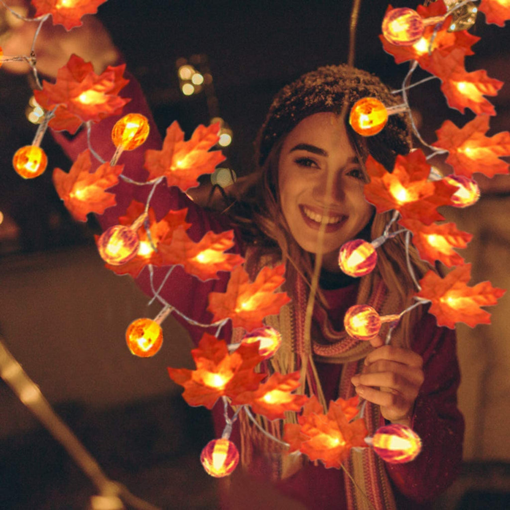 Pumpkin and maple leaf string light garland, 30 ft, 3-pack