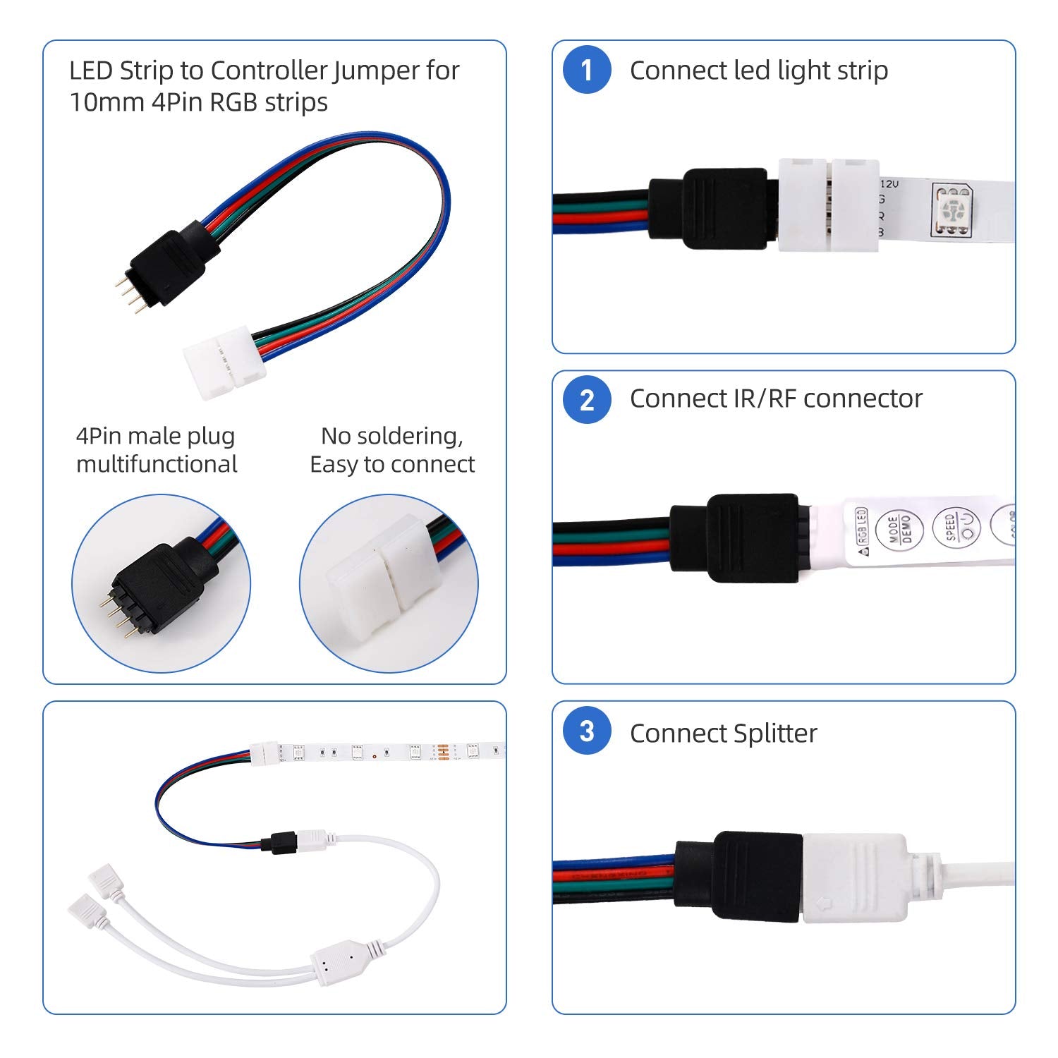 LED Strip Light Connector Kit – 5050 RGB 4-Pin 10mm with Clips & Tools for Light Strip Installation & Repair